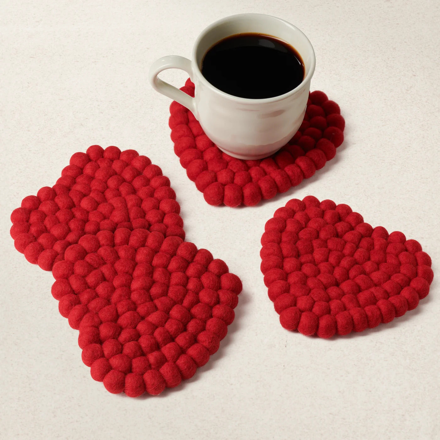 MODWOOL Felt Ball Four Piece 5" Heart Coaster Set - Solid Red