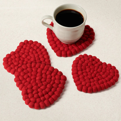 MODWOOL Felt Ball Four Piece 5" Heart Coaster Set - Solid Red