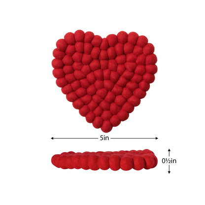 MODWOOL Felt Ball Four Piece 5" Heart Coaster Set - Solid Red