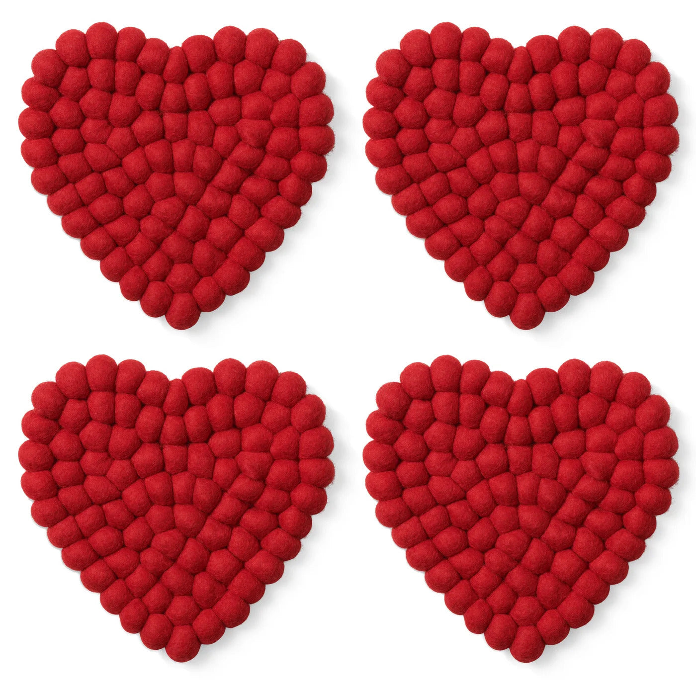 MODWOOL Felt Ball Four Piece 5" Heart Coaster Set - Solid Red