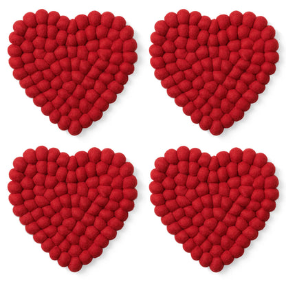 MODWOOL Felt Ball Four Piece 5" Heart Coaster Set - Solid Red